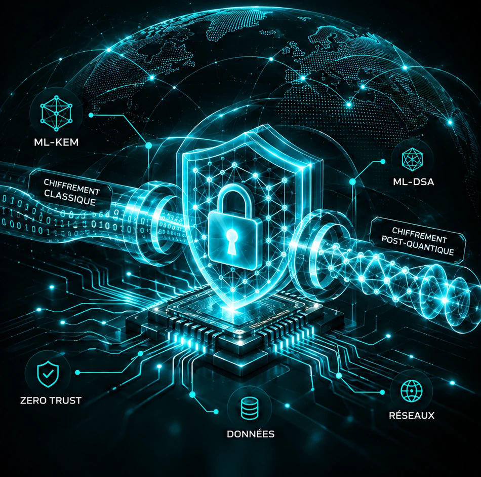 Illustration de la transition cryptographique : protection des communications par un bouclier numérique